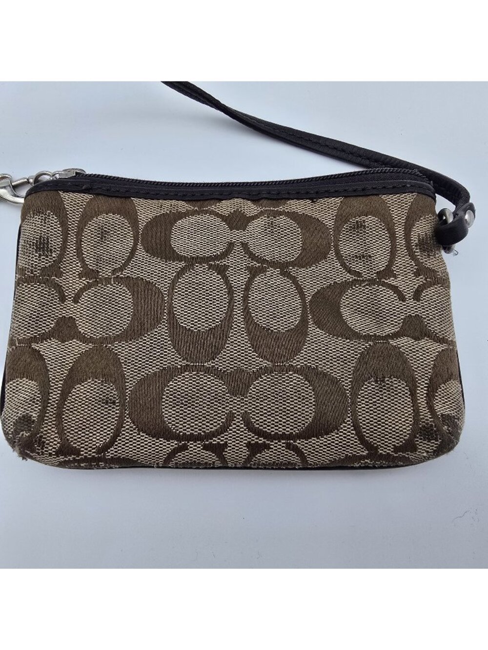 Coach Signature Brown Wristlet Pouch Bag With Zipper Closure & Strap